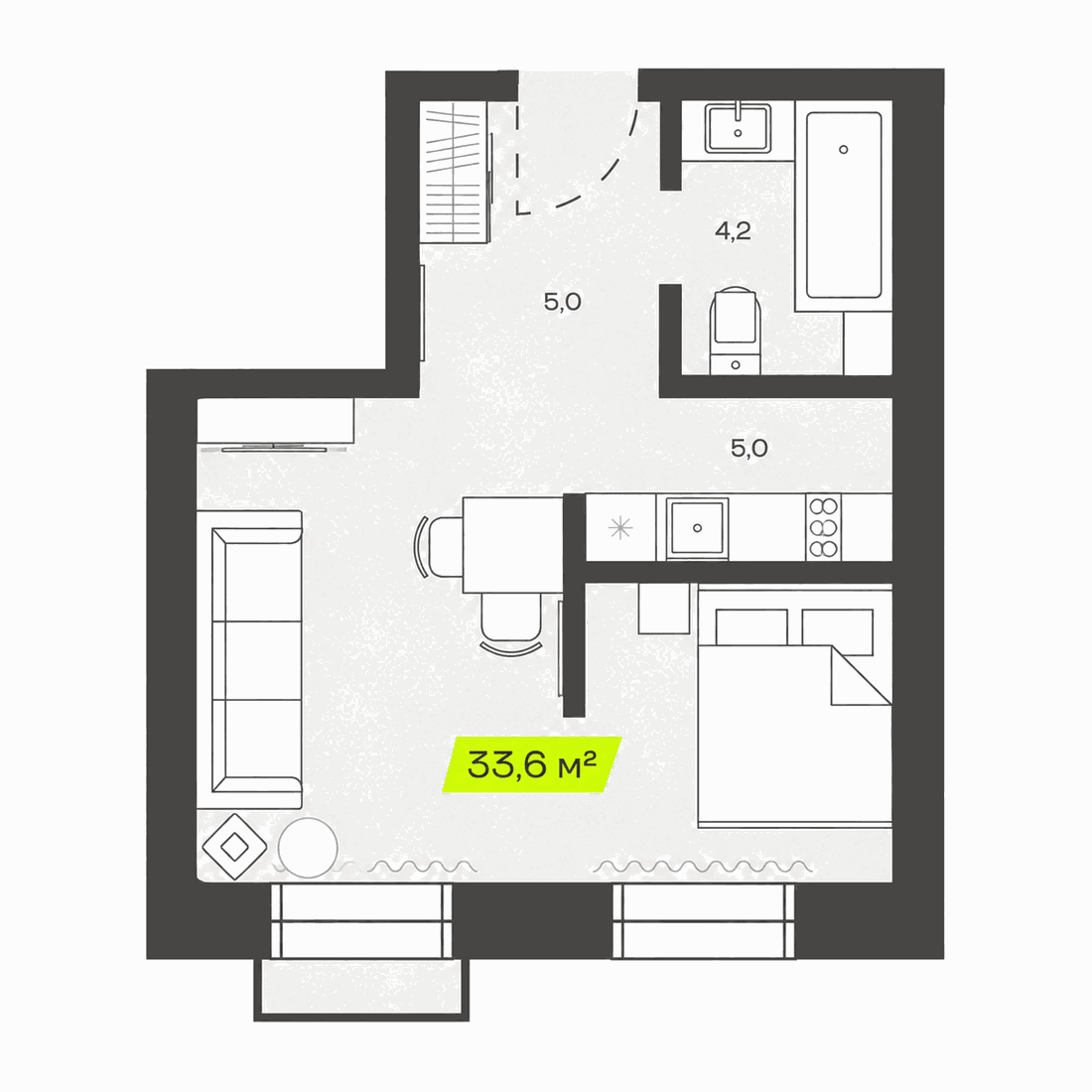 Планировка 1-комнатной квартиры 33,6 м²