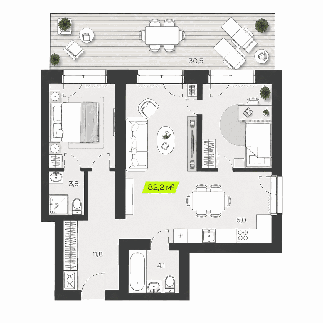 Планировка 3-комнатной квартиры 82,2 м²
